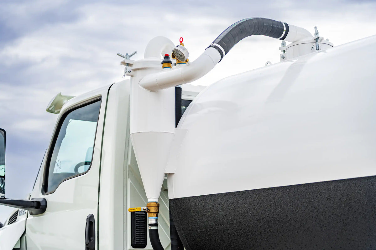Close up of the seperator cyclone filter system on the 2026 International MV-607 2500 Gallon Vacuum Truck for sale from Arkson Truck Co