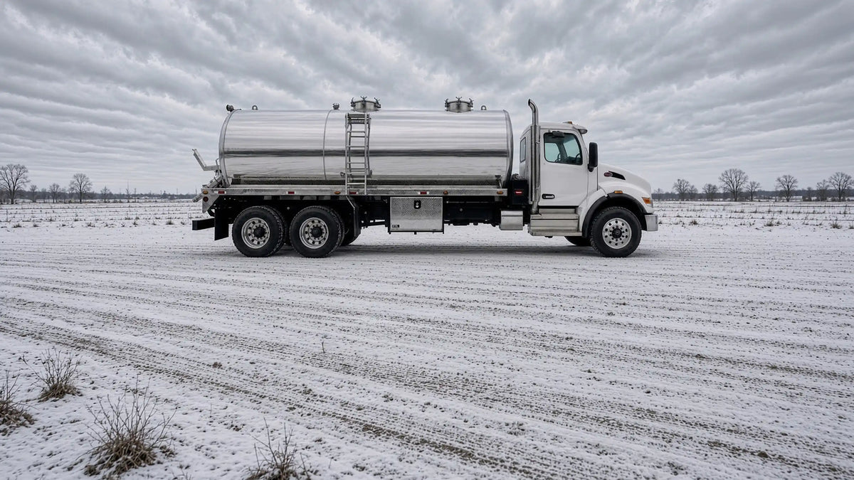 Custom Vacuum Truck built by Arkson Truck Co with aluminum tank parked in a snowy field under a clouded sky