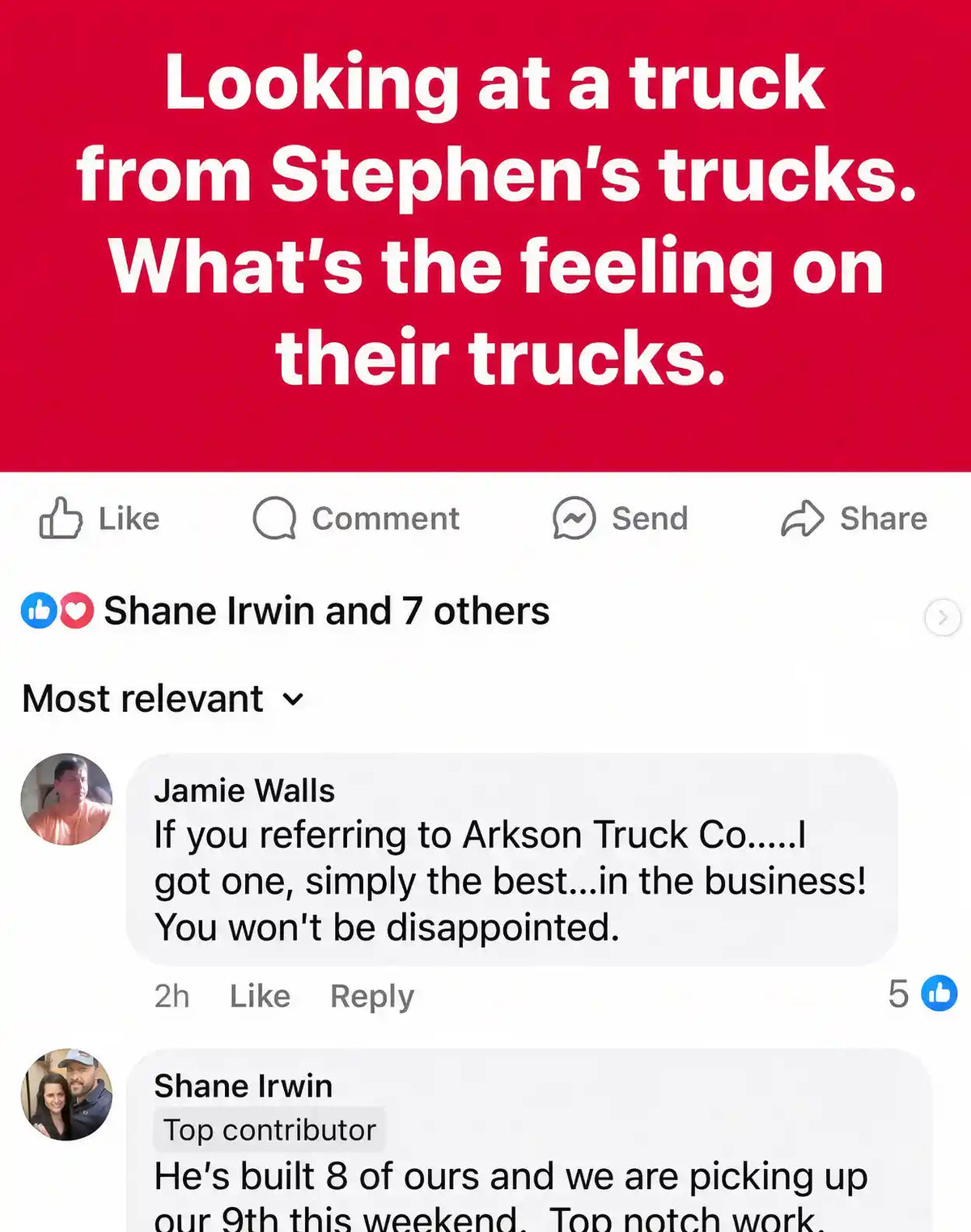 Arkson Truck Co Vacuum Truck owner, Jami Walls, online testimonial of Arkson's vocational truck build quality stating "Simply the best...in the business! You won't be disappointed."