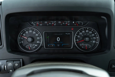 Close-up of the digital guage cluster of the 2026 International MV-607 1900 Gallon Vacuum Truck for sale from Arkson Truck Co.