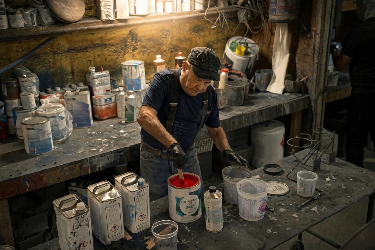 Arkson Truck Co employee in the shop mixing paint for a custom paint job on a new Vacuum Truck being built.
