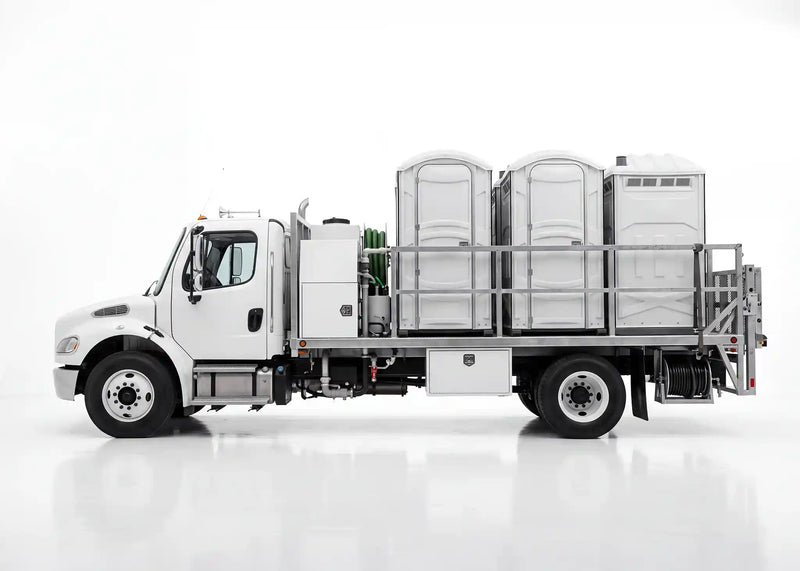 Image of a custom porta-potty service truck built by Arkson Truck Co., linking to all Arkson portable restroom trucks for sale.