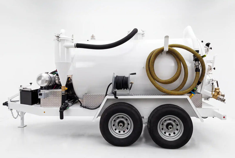 Image of a custom Vacuum Trailer for portable septic pumping and grease trap service built by Arkson Truck Co., linking to all Arkson vacuum trailers for sale.